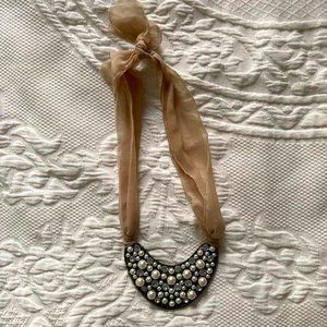 Elegant "Pearl and Diamond" Necklace w/ Fabric Tie